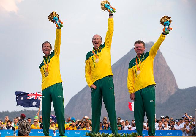 Collin Harrison, Jonathan Harris and Russel Boaden, Sonar - Rio 2016 Paralympic Sailing Competition<br />
 © Richard Langdon/Ocean Images